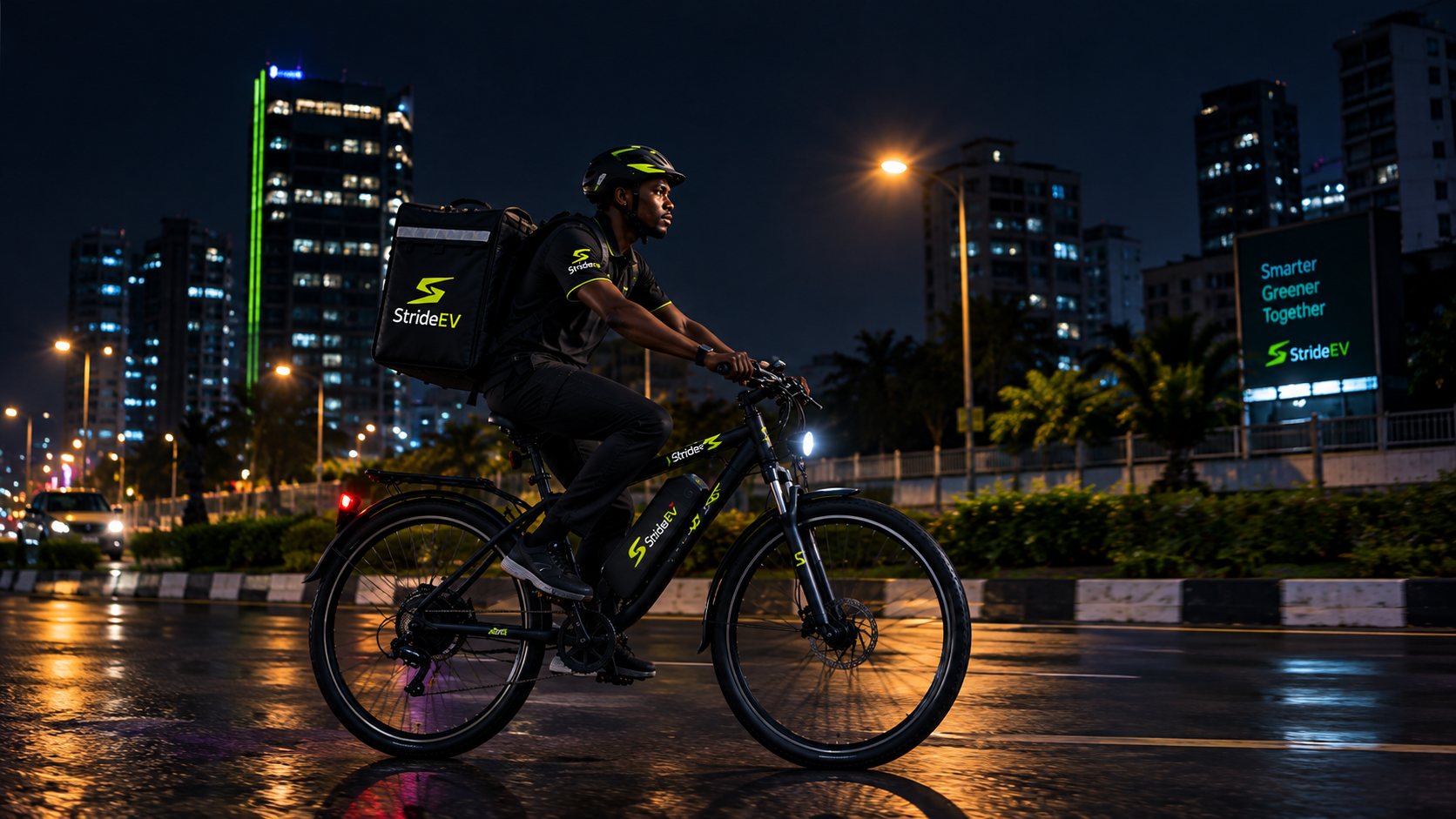 A delivery rider on Stride at night